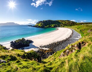 Sunny beach scene with white sand and blue water, green hills
