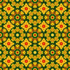 Seamless pattern for continuous replicate. Floral background, photo collage for production of textile, cotton fabric. For use in wallpaper, covers. Mandala drawing in oriental style. Yin-Yang symbol.