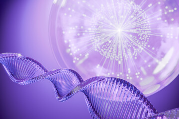 DNA Abstract 3d polygonal DNA molecule chemistry biology or gene cell concept violet blur background 3D render