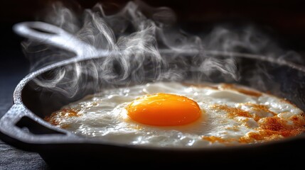 Fried Egg Cooking In Cast Iron Skillet With Steam Rising Dramatic Lighting Breakfast Food