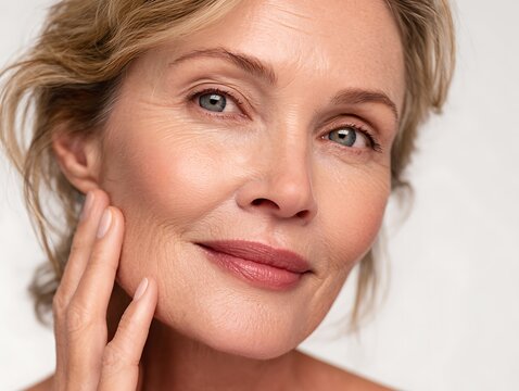 50s middle aged old woman looking at camera isolated on white background advertising dry skin care treatment anti age skincare beauty, plastic surgery, cosmetology procedures. Close up half face view
