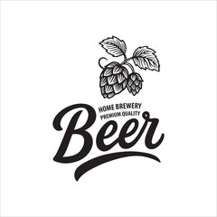 Vintage beer design featuring bold script lettering and detailed hop cones. Classic emblem for brewing and bar themes. Ideal for beer labels, brewery logos, and packaging. Part of set