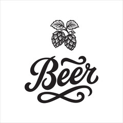 Vintage beer design featuring bold script lettering and detailed hop cones. Classic emblem for brewing and bar themes. Ideal for beer labels, brewery logos, and packaging. Part of set