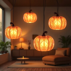 Cozy living room decorated with glowing pumpkin shaped pendant lights for halloween