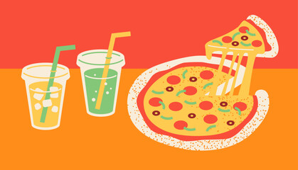 Illustration of pizza and drinks