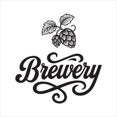 Vintage brewery design with bold script lettering and detailed hop cones. Classic emblem for beer and brewing themes. Ideal for brewery labels, logos, and packaging designs.