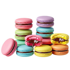Obraz premium Vibrant assortment of colorful French macarons filled with rich dark chocolate ganache stacked and displayed against a stark for a decadent dessert presentation on transparent background