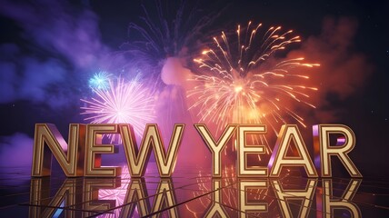 Golden 3d new year text reflecting on a wet surface with vibrant fireworks exploding in the dark night sky above, celebrating the arrival of the new year