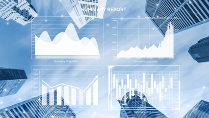 Captivating view of urban skyscrapers with overlaid business analytics charts. Ideal for illustrating themes of finance, data analysis, and corporate strategy. Impute