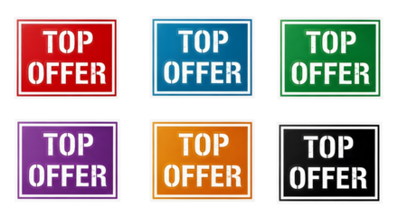 Six colorful top offer badges with distressed stencil text on a transparent background