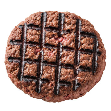 Juicy grilled plant-based burger patty with distinct grill marks on a white background
