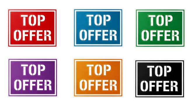 Six colorful top offer badges with distressed stencil text on a transparent background - Powered by Adobe