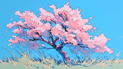 春の訪れを感じる桜の木々が青空の下に美しく咲き誇る公園風景を、手描きイラストで表現。柔らかく温かな雰囲気が魅力の、季節感あふれる春の風景作品