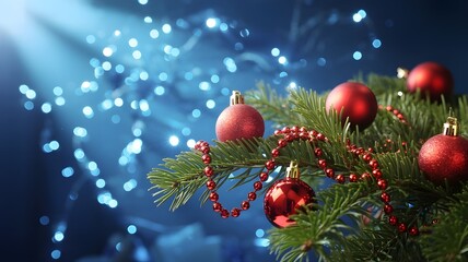 Closeup of christmas tree branch decorated with red baubles and beads against a bokeh background of blue lights