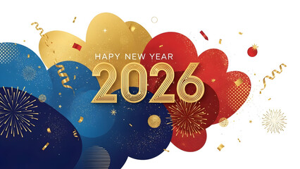 Dynamic Happy New Year 2026 celebration banner featuring abstract modern shapes, sparkling gold confetti, and bursting fireworks in a festive color palette