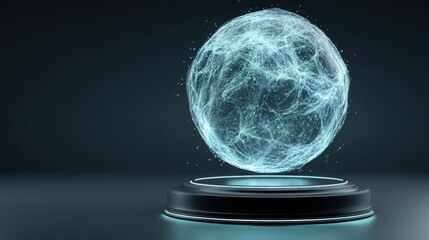 Abstract Glowing Sphere Displayed on a Futuristic Platform in a Dark Setting