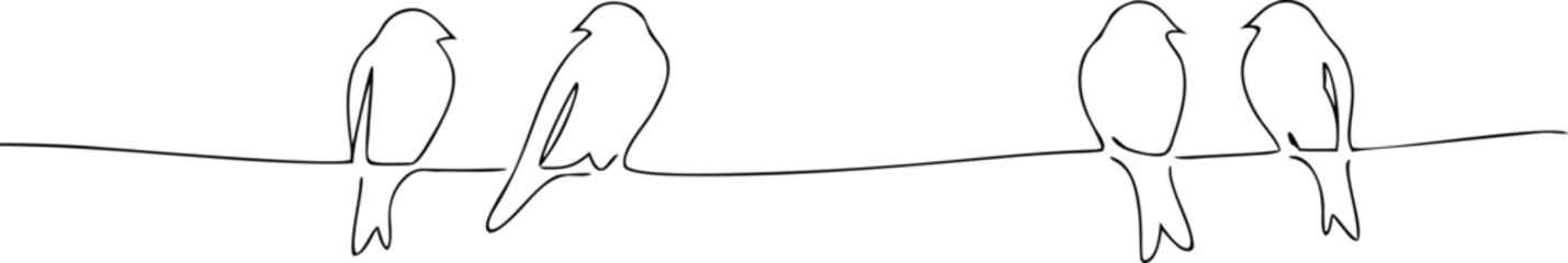 Minimalist Line Art of Perched Birds on Wire Silhouette Vector Illustration