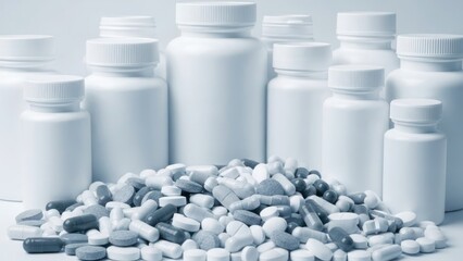 Collection of white medicine bottles and assorted pills on a white surface viewed from the front
