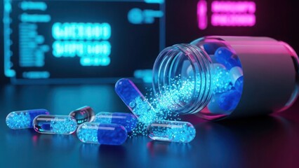 Futuristic blue capsules spilling from a bottle with glowing powder and digital data in a neon-lit environment, representing modern medicine and technology.