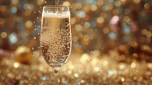 Close-up of champagne glass with golden bokeh background