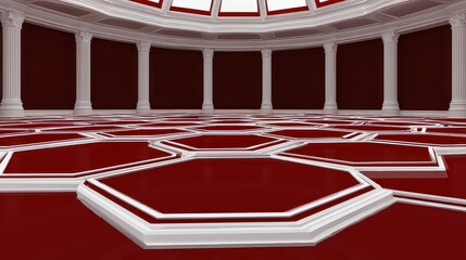 Abstract Red Octagonal Hallway with White Columns and Ornate Ceiling Lighting