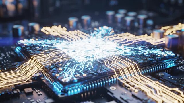 Microchip circuit board with glowing blue and gold electronic pathways showcasing futuristic technology and integrated circuit connections in advanced electronic design and intricate glowing pathways