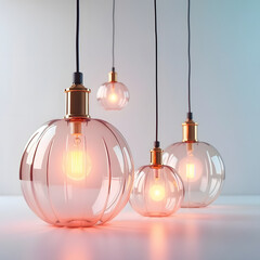 Modern pink glass pendant lights with copper accents hanging indoors