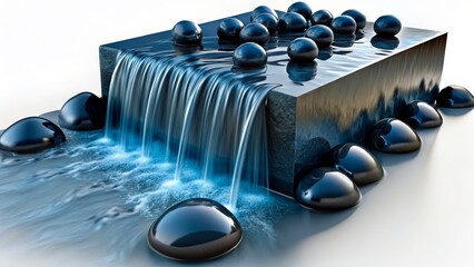 Water flowing over a smooth black surface with glossy orbs reflecting light in a serene environment
