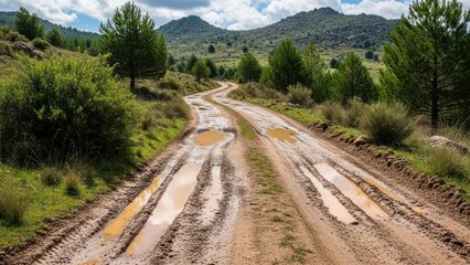 A muddy dirt road winds through a lush green landscape with trees and hills under a cloudy sky