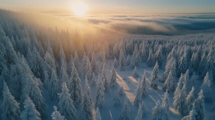 Aerial drone view of snow covered pine forest at sunrise with golden sun rays breaking through clouds and mist over mountain landscape - Powered by Adobe