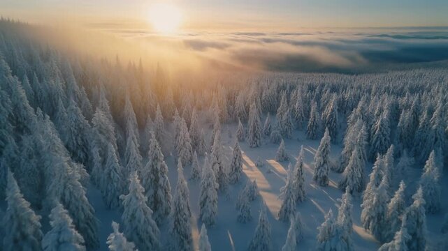 Aerial drone view of snow covered pine forest at sunrise with golden sun rays breaking through clouds and mist over mountain landscape
