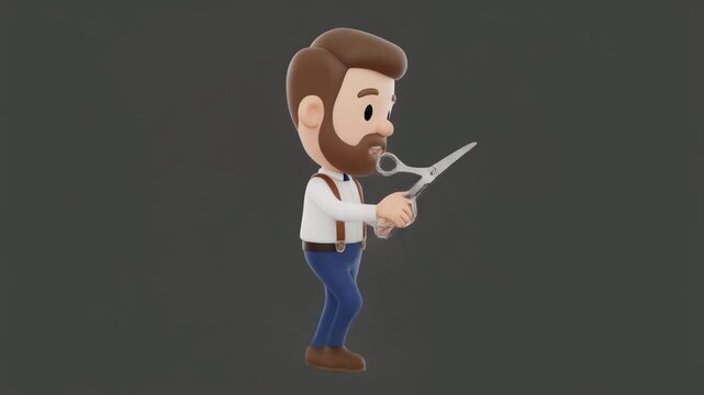Cute 3D cartoon character of a bearded man in suspenders holding open scissors.