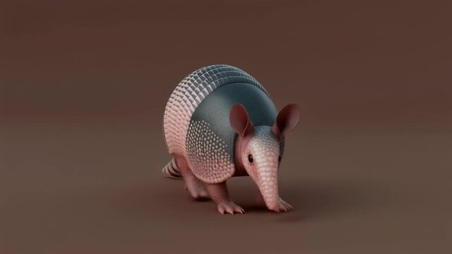 A detailed, stylized 3D rendering of an armadillo with its distinctive armored shell and long snout, set against a plain brown background.