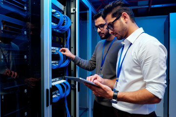 Two young adult men working in server room, one operating network equipment while other using digital tablet, both wearing identification lanyards and eyeglasses