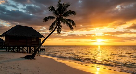 Tropical beach hut and palm tree at sunset with golden ocean reflections image photo