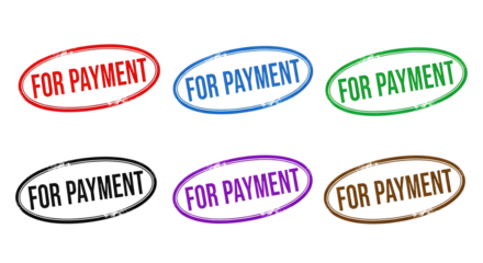 Collection of six distressed oval rubber stamps featuring the phrase "for payment" in various colors on a transparent background