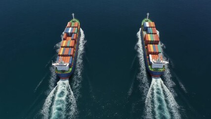 Aerial drone view of two large cargo container ships sailing side by side on a deep blue ocean creating white foamy wakes behind them showcasing global trade and maritime logistics - Powered by Adobe