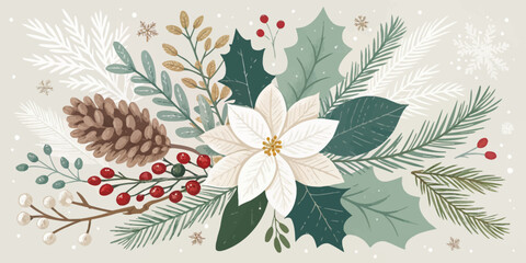 Christmas Botanical holiday vector design with elegant floral elements and festive accents for sophisticated seasonal greetings.