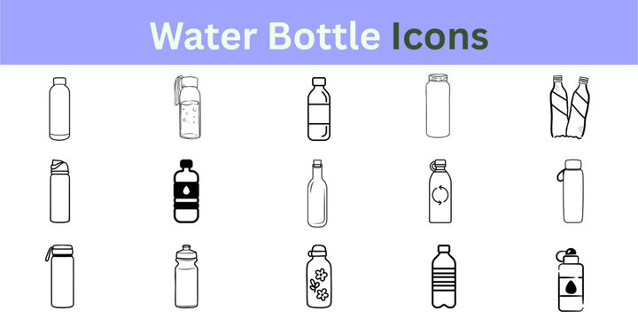 Water Bottle Outline Icons: Vector Set of Drinkware, Reusable, Plastic, and Hydration Vessels