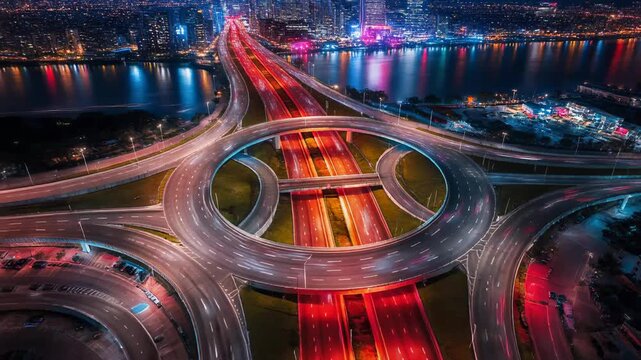Aerial night view of a complex highway interchange with light trails from cars reflecting on the water and city skyline in the background