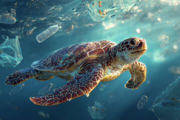 Obraz premium A majestic sea turtle swims through the ocean surrounded by plastic debris, highlighting the critical issue of marine pollution and its impact on wildlife.