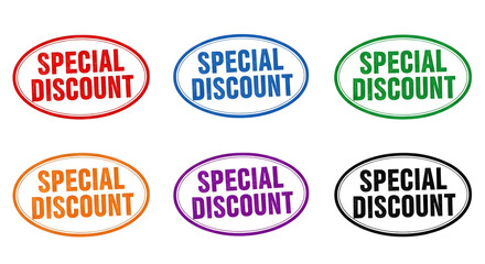 Collection of six oval special discount sale promotion badges in various vibrant colors on a transparent background