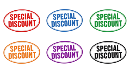 Collection of six oval special discount sale promotion badges in various vibrant colors on a transparent background