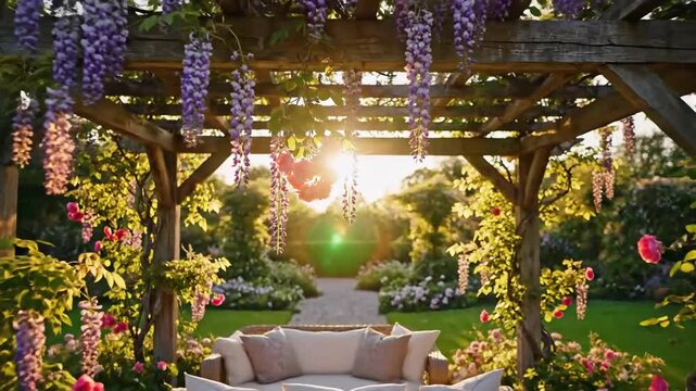 Sunlit Garden Scene with Blooming Flowers and Wooden Pergola Framing a Pathway