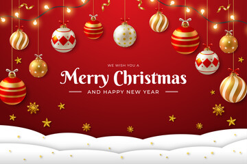 Festive Merry Christmas and happy news year background with pine branches,ornaments, candy canes, golden stars, and glowing lights on a rich red backdrop, creating a warm and joyful holiday atmosphere