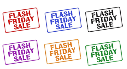 Collection of six distressed "Flash Friday Sale" stamp graphics in various vibrant colors on a transparent background