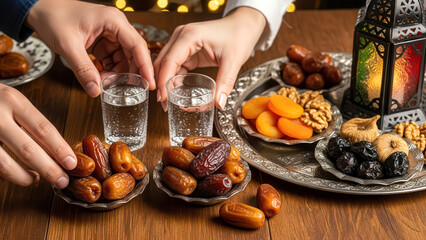 Hands Reaching for Dates and Water at Iftar During Ramadan Fasting