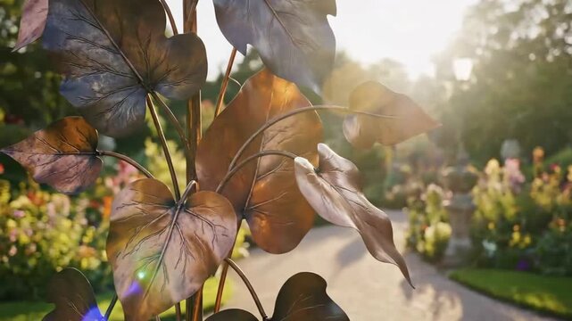 Sunlit Garden Scenes with Textured Bronze Leaves Showcasing Natural Beauty and Serenity