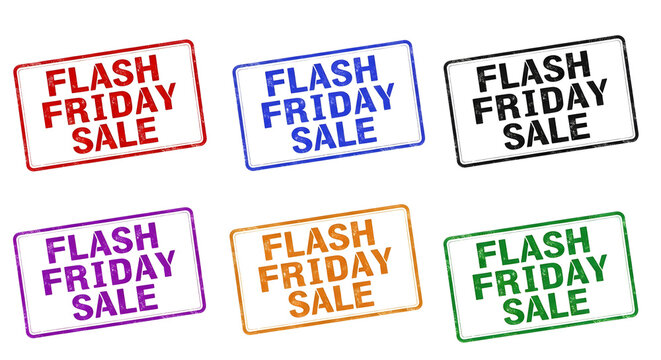 Collection of six distressed "Flash Friday Sale" stamp graphics in various vibrant colors on a transparent background - Powered by Adobe
