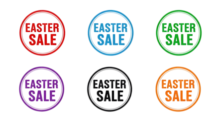 Collection of six colorful circular rubber stamp-style badges announcing an Easter sale event on a transparent background